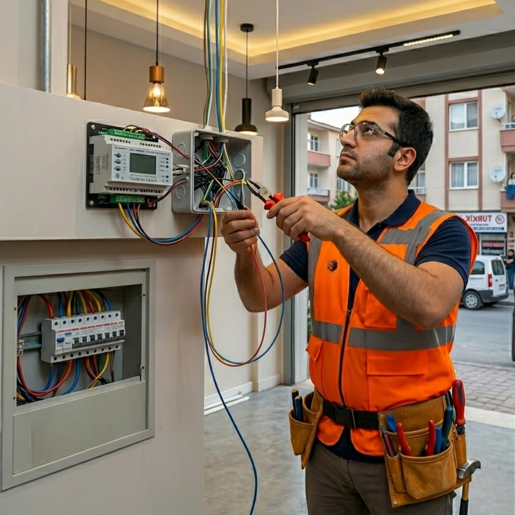 Esenyurt Kıraç'ta modern bir dükkanın tavan aydınlatma ve akıllı otomasyon sistemleri için kablo bağlantılarını yapan profesyonel elektrikçi.