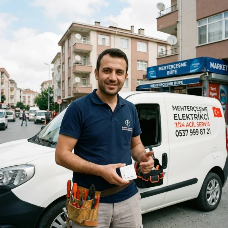 Esenyurt Mehterçeşme'de beyaz servis aracı önünde elinde elektrik anahtarı tutan tebessüm eden Türk elektrikçi ustası.