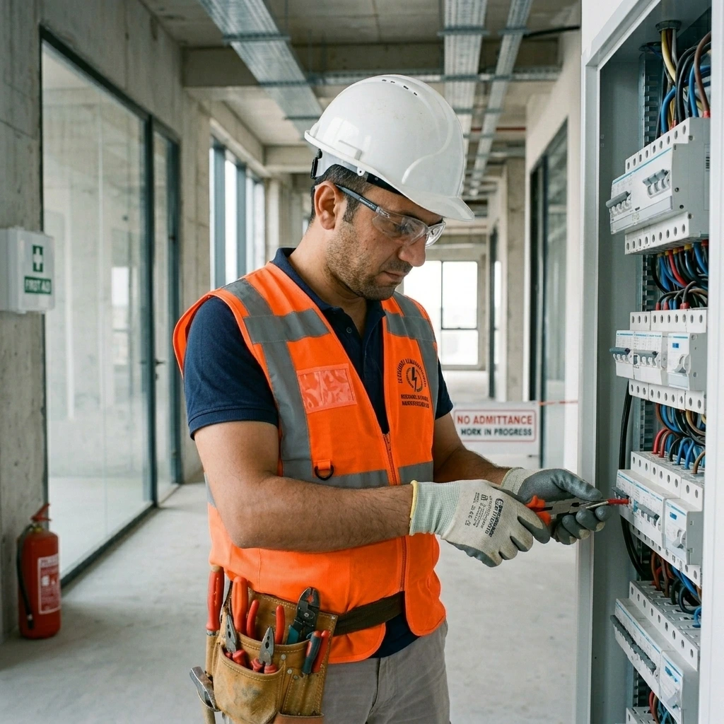 Esenyurt Meydan bölgesinde yeni bir inşaat projesinin koridorunda, sigorta panelini dikkatle monte eden baretli ve iş güvenliği yelekli profesyonel elektrikçi.