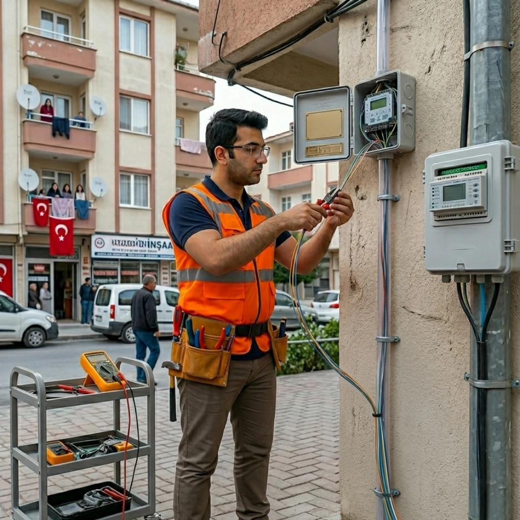 Esenyurt Tabela durağı mevkisinde, bina dış cephesindeki internet ve telefon kutusuna fiber kablo hattı çeken profesyonel teknik personel.