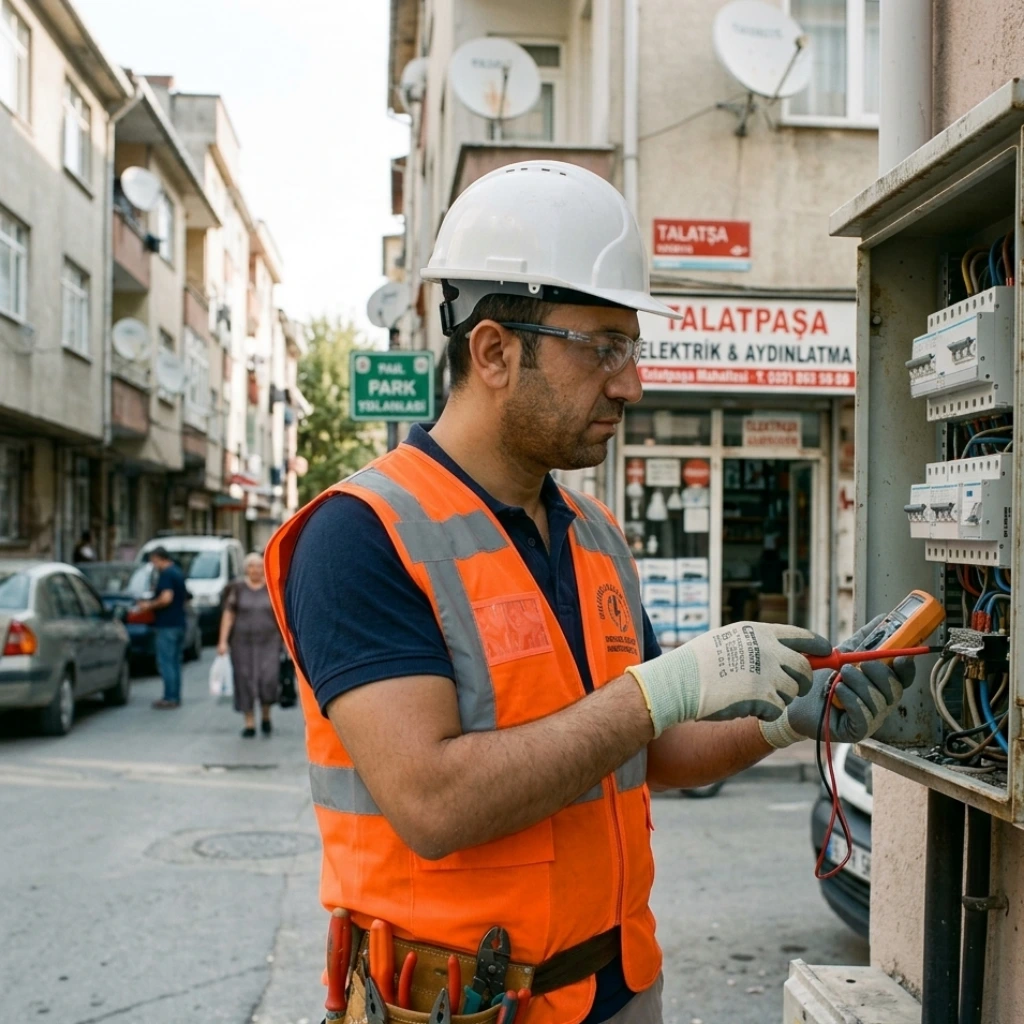 Esenyurt Talatpaşa Mahallesi sokaklarında, bina dışındaki elektrik panosunda multimetre ile voltaj ölçümü ve arıza tespiti yapan uzman elektrikçi.