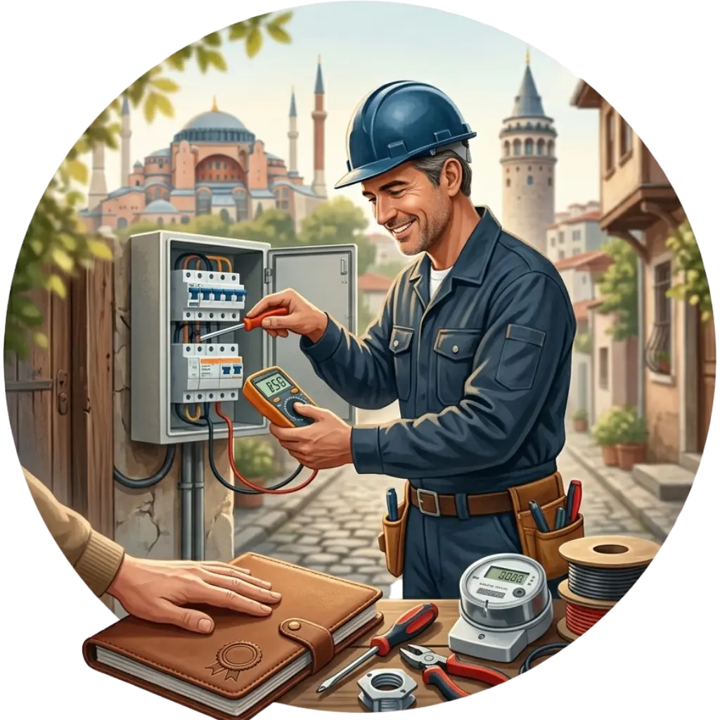 İstanbul genelinde garantili elektrik servisi sunan uzman teknisyen pano başında ölçüm yapıyor.