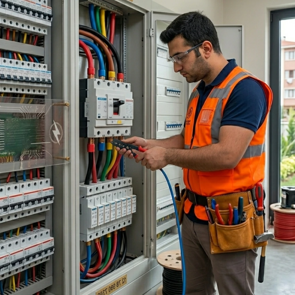 Saadetdere Mahallesi'nde bir villanın ana elektrik panosu başında kablo bağlantılarını yapan profesyonel elektrik teknisyeni.