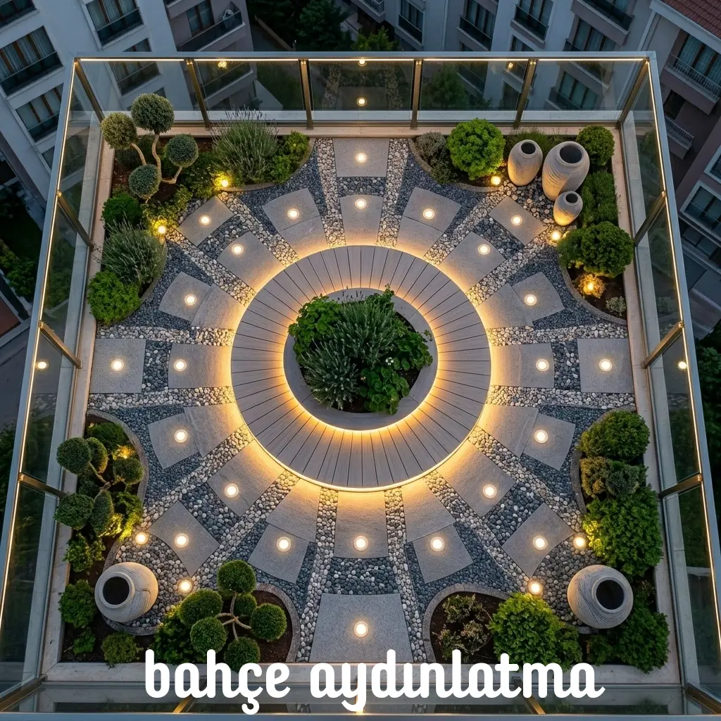 Akıllı modern peyzaj tasarımı ve dairesel LED zemin aydınlatması ile aydınlatılmış çatı bahçesi.