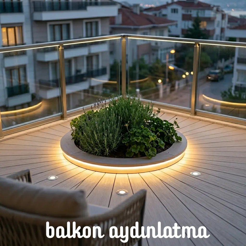 Modern balkon zemin aydınlatması ve entegre LED şeritli bitki saksısı