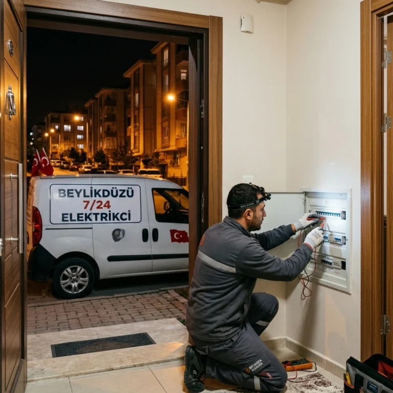 Beylikdüzü'nde bir apartman dairesinde gece yarısı arızalı elektrik panosuna müdahale eden 7/24 nöbetçi elektrikçi ve dışarıda bekleyen servis aracı.