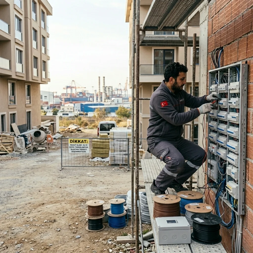 Beylikdüzü Yakuplu'da yeni bir inşaat projesinde ana elektrik panosu kurulumu ve kablo döşeme işlemi yapan elektrik ustası.
