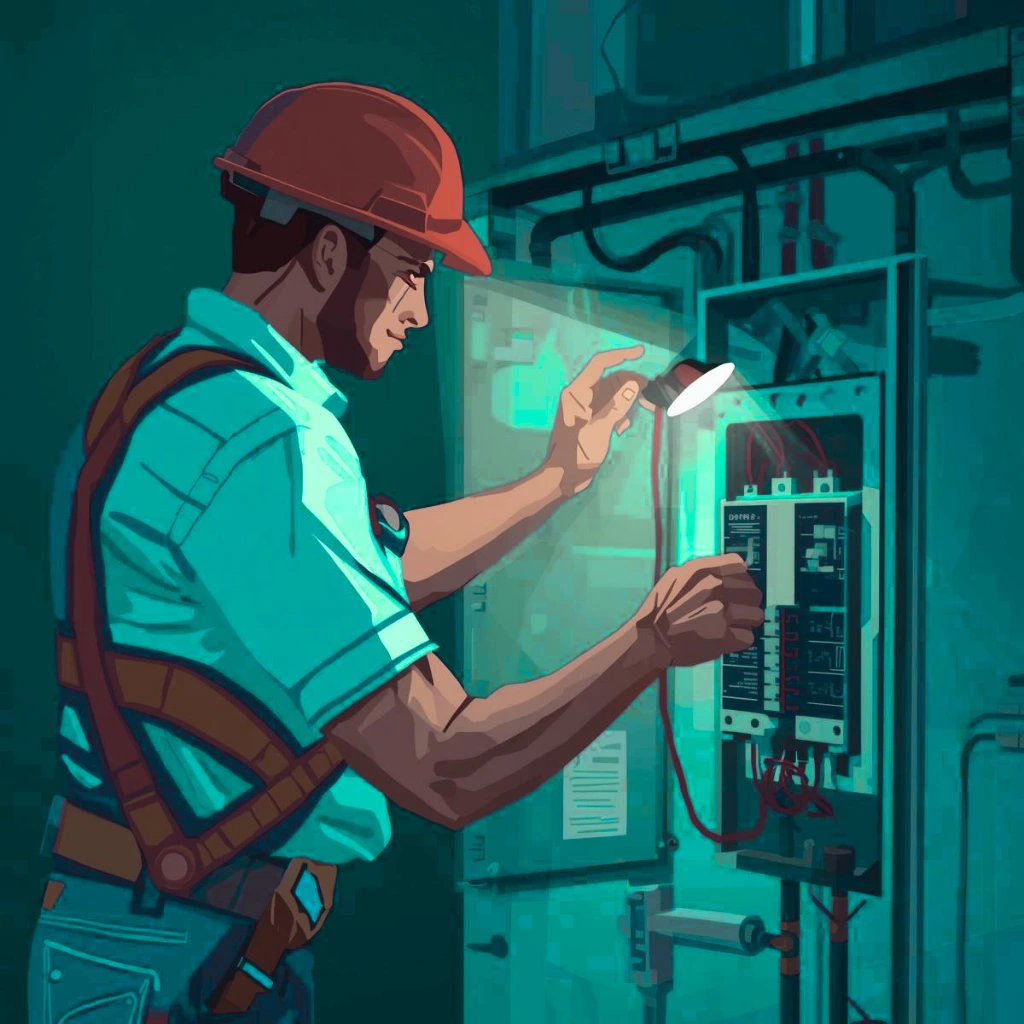 Kasklı ve emniyet kemerli profesyonel elektrik teknisyeni arıza tespiti ve montajı yapıyor.