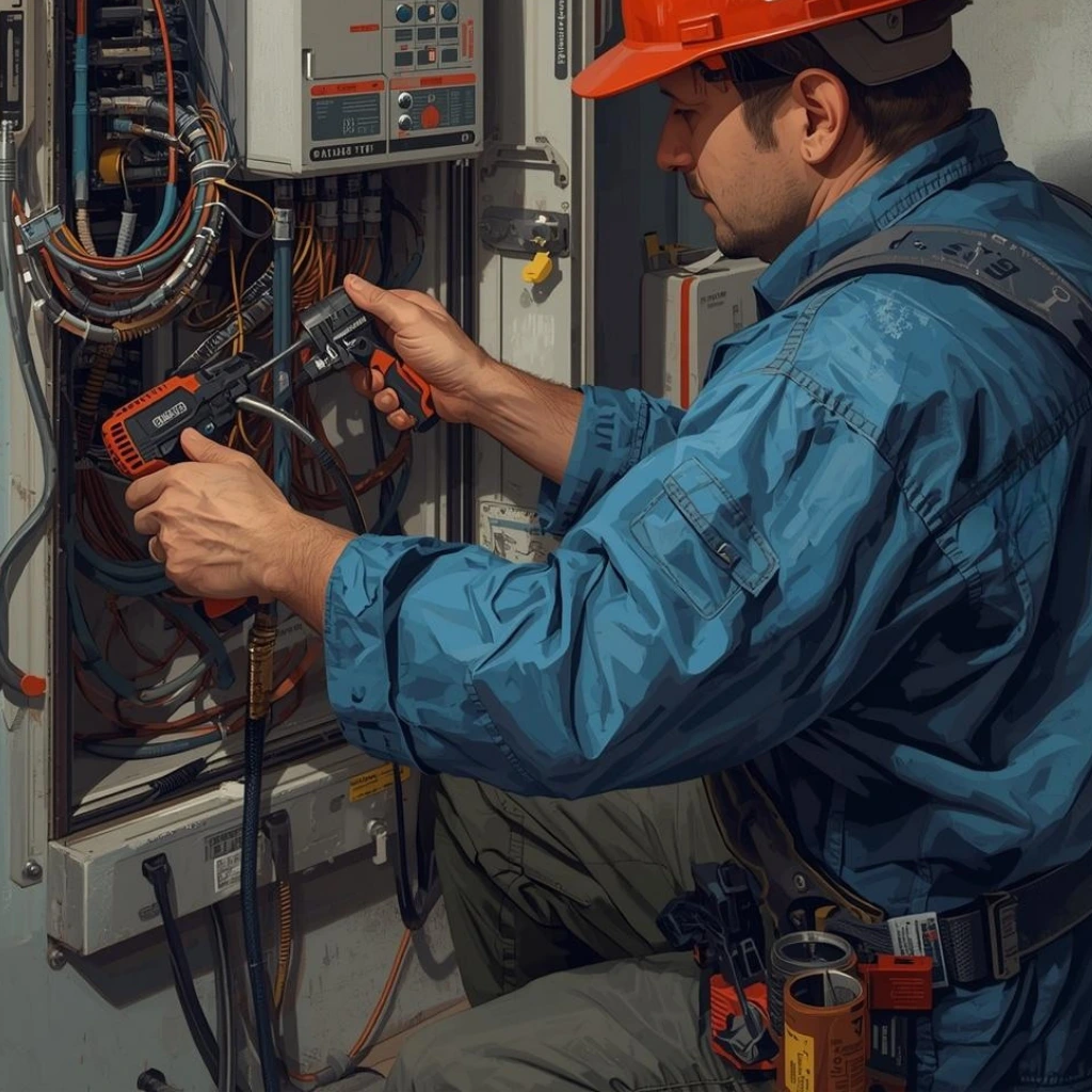 Esenyurt elektrikçi ustası maskeli ve kasklı şekilde aydınlatma tesisatı tamiri yapıyor.
