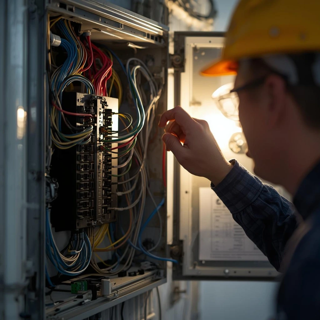İşyeri elektrik panosu üzerinde kablo bağlantısı ve sigorta kontrolü yapan teknisyen.