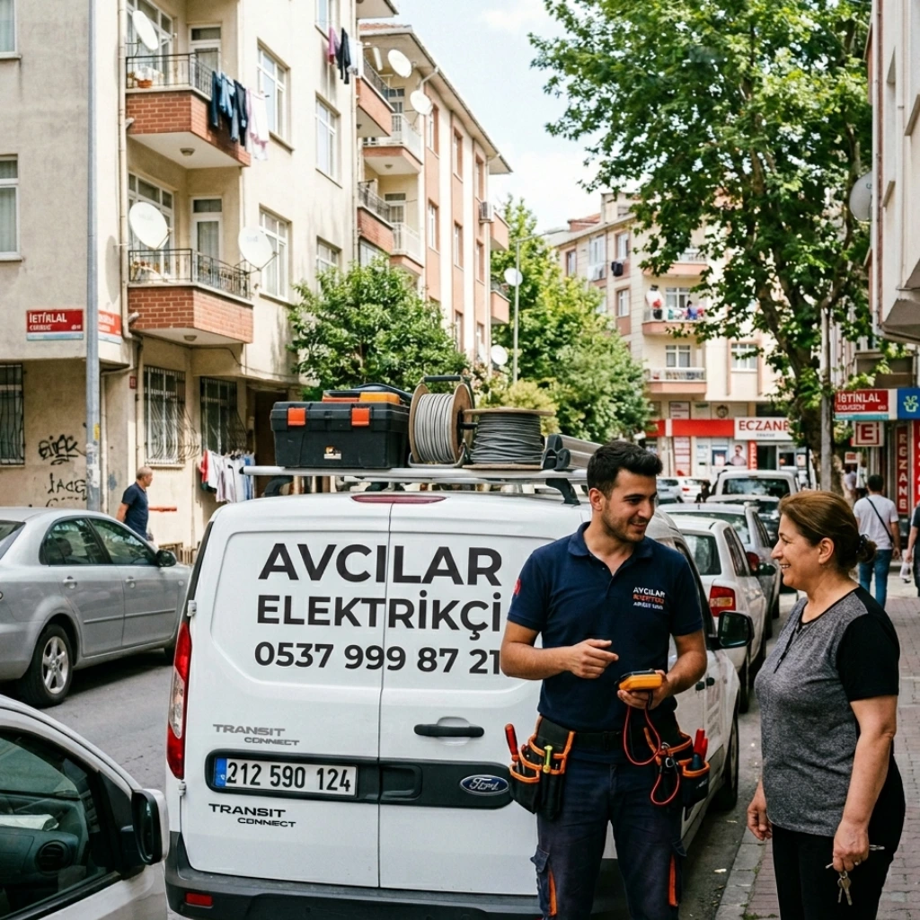 Avcılar'da sokak arasında beyaz servis aracı önünde müşterisiyle görüşen genç elektrik teknisyeni.