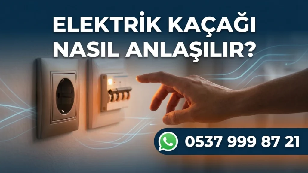Bir elektrik tesisatı üzerinde el ve priz görseli ile elektrik kaçağı nasıl anlaşılır sorusu ve WhatsApp iletişim numarası